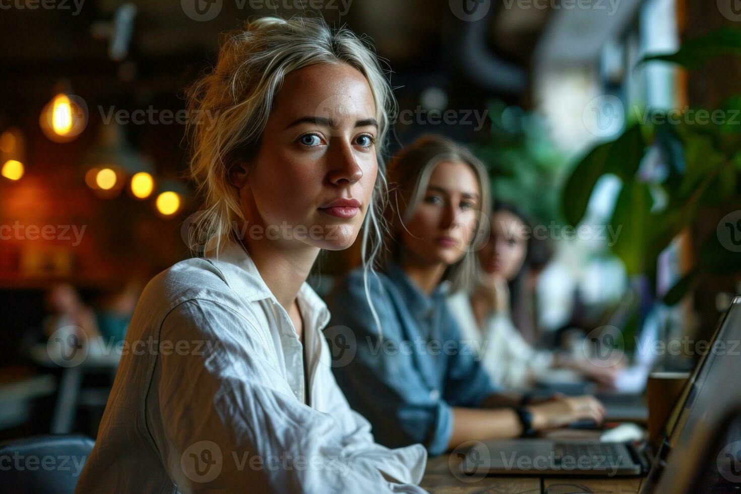 ai gerado computador portátil empunhando empresária comandos dela equipe, formal o negócio encontro imagem foto