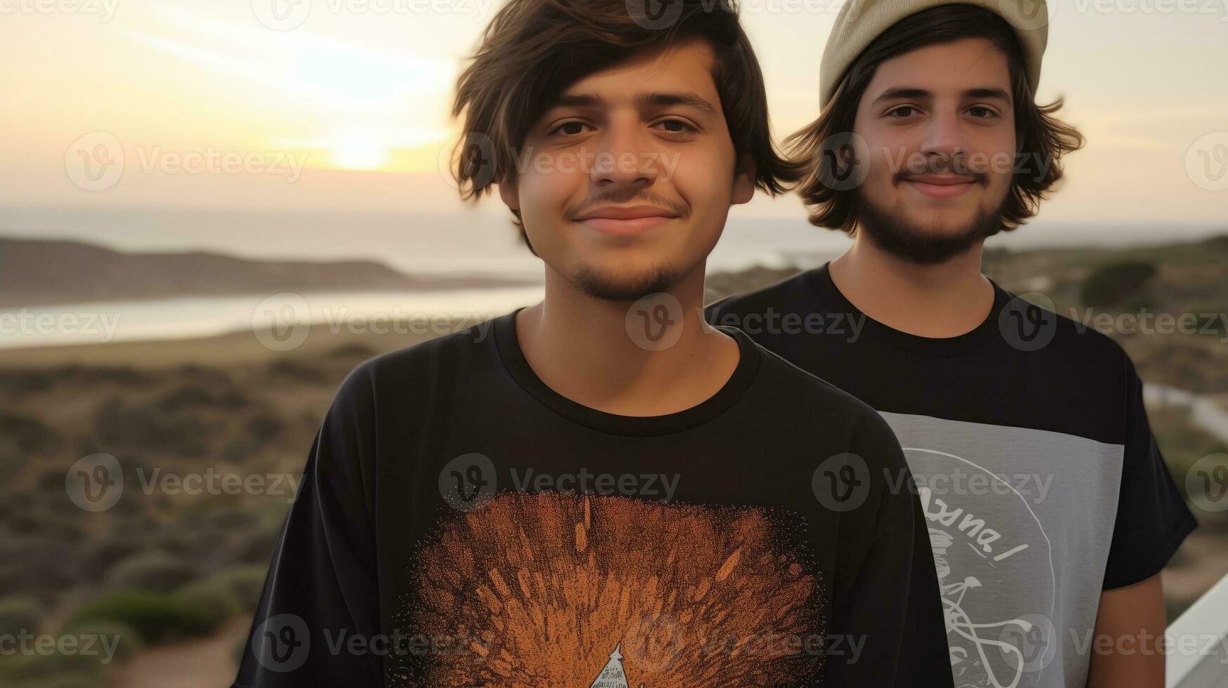 ai gerado grupo do feliz masculino amigos em pé em a de praia. generativo ai foto