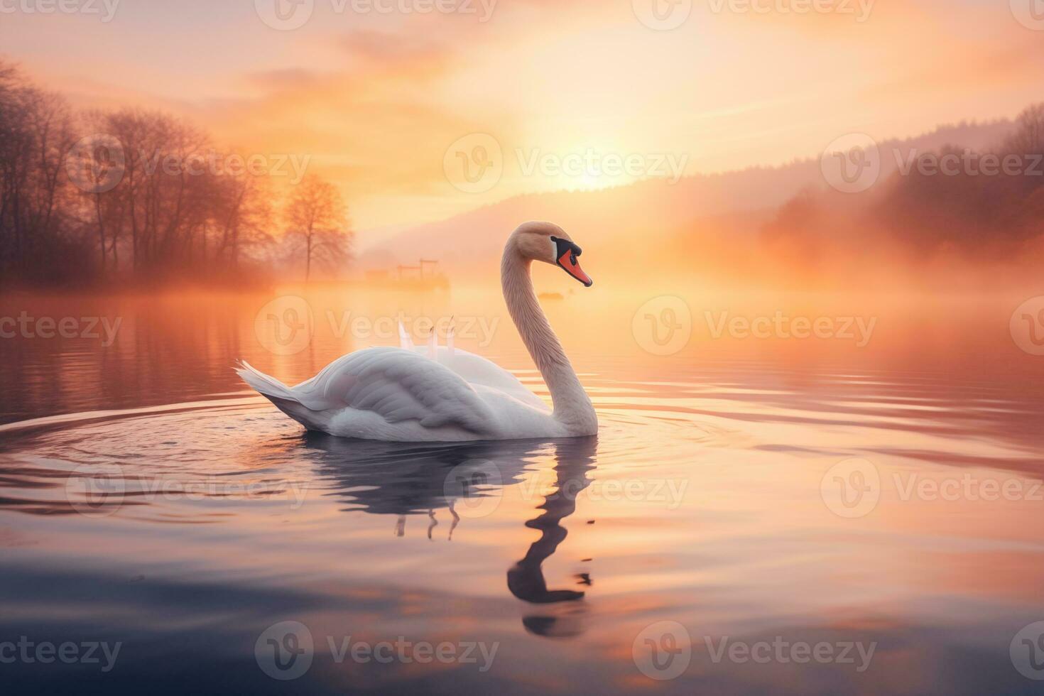 ai gerado cisne flutuando em a água às pôr do sol do a dia foto