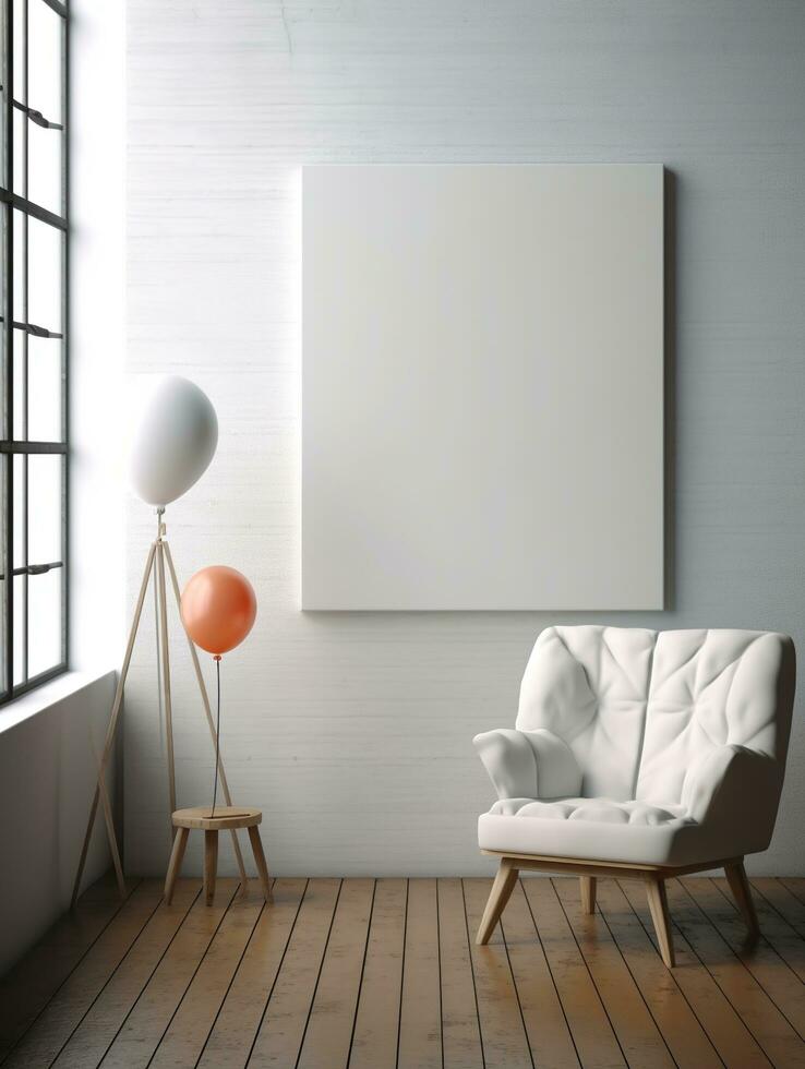 ai gerado branco tela de pintura para brincar com borrado tijolo parede quarto interior foto