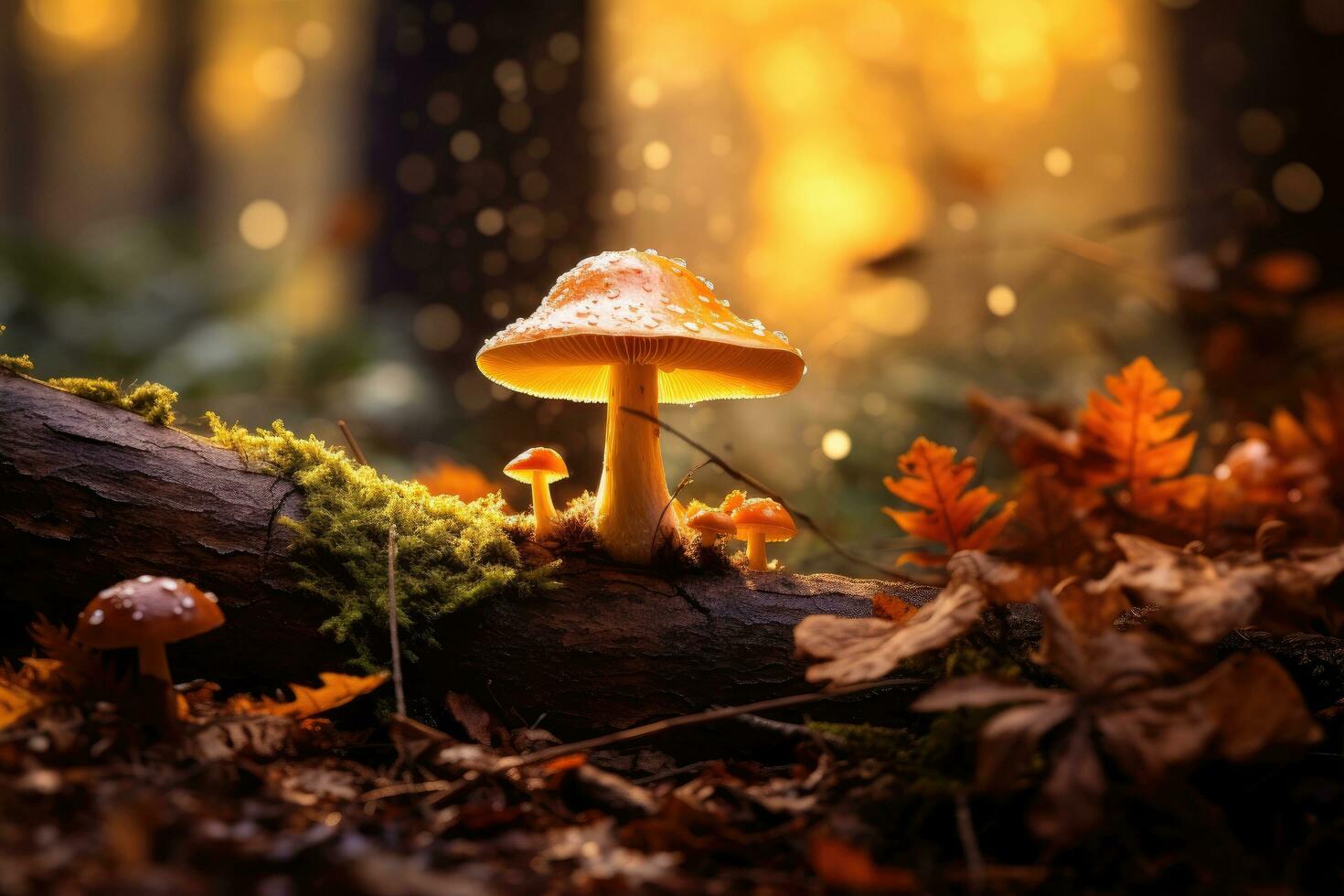 ai gerado cogumelos dentro a outono floresta. lindo natureza cena com cogumelos, cogumelo dentro outono hd 8k papel de parede estoque fotográfico imagem, ai gerado foto