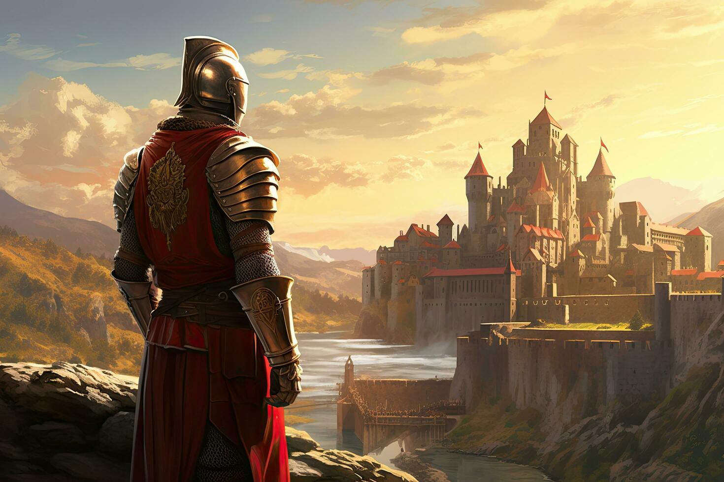 ai gerado medieval cavaleiro dentro frente do a castelo. 3d render ilustração, ai gerado foto