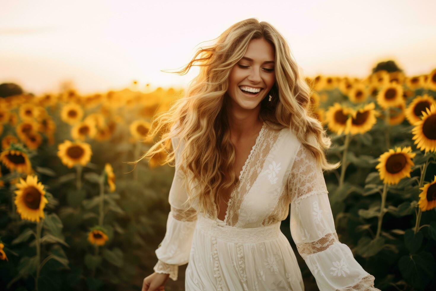 ai gerado lindo mulher dentro branco vestir em girassol campo às pôr do sol, uma boho Casamento dentro uma girassol campo, ai gerado foto