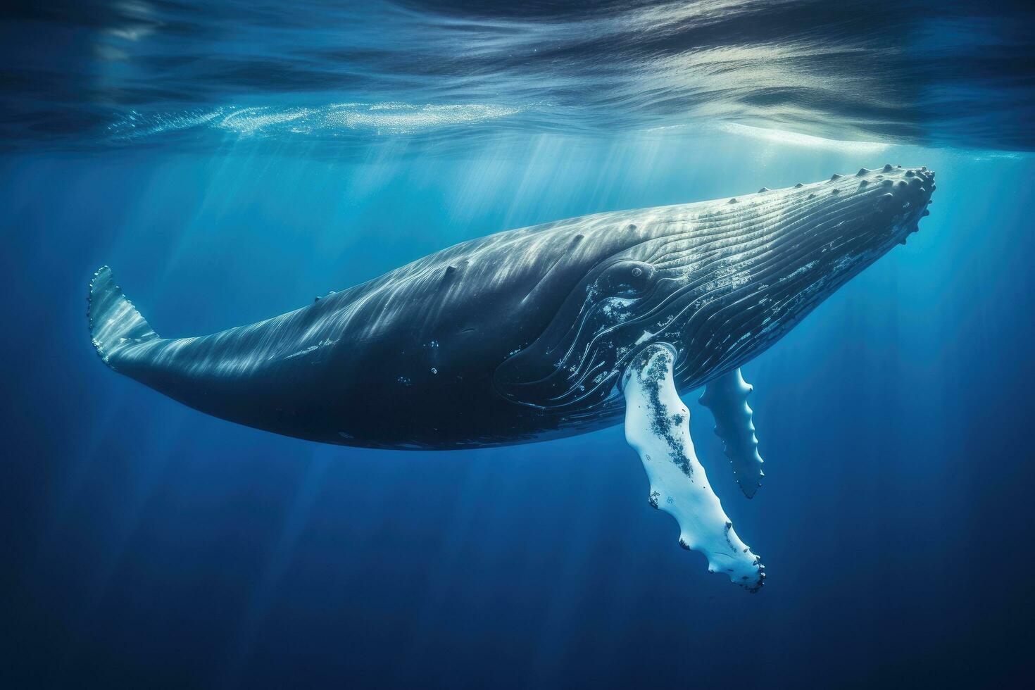 ai gerado corcunda baleia dentro profundo azul água. embaixo da agua fotografia, uma baleia graciosamente natação dentro a profundo azul mar, especificamente uma corcunda baleia dentro a oceano, ai gerado foto