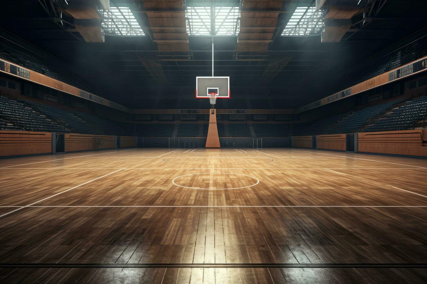 ai gerado basquetebol aro dentro uma ampla corredor às noite. 3d Renderização, ai gerado foto