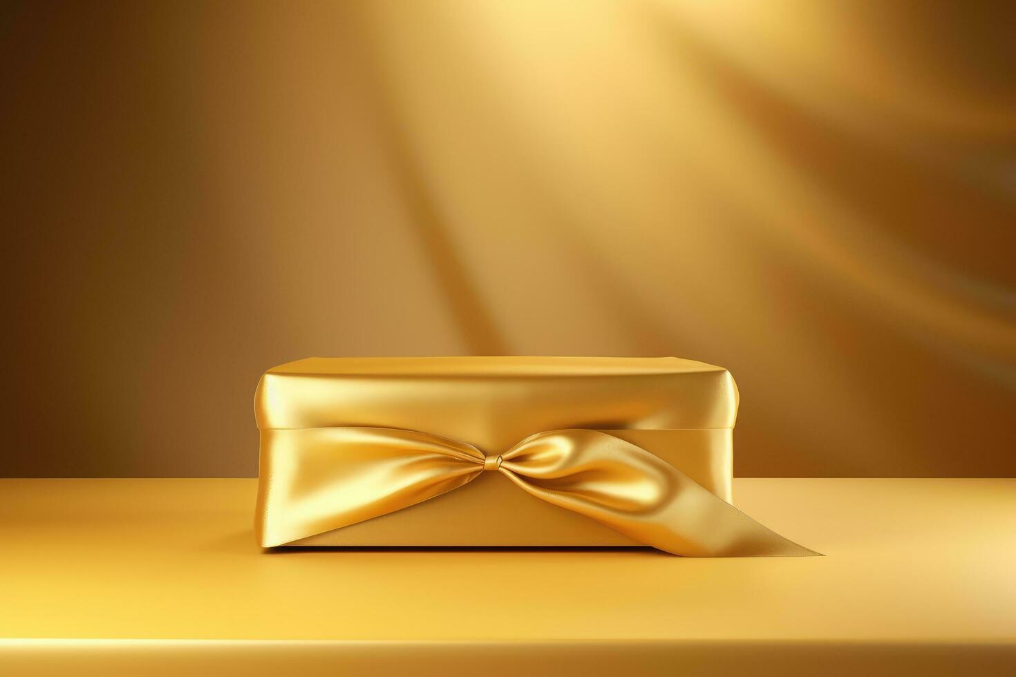 ai gerado 3d render do dourado seda com pódio em bege fundo, presente uma dourado luxuoso tecido ou pano colocada em uma topo pedestal ou em branco pódio estante contra uma ouro fundo, ai gerado foto