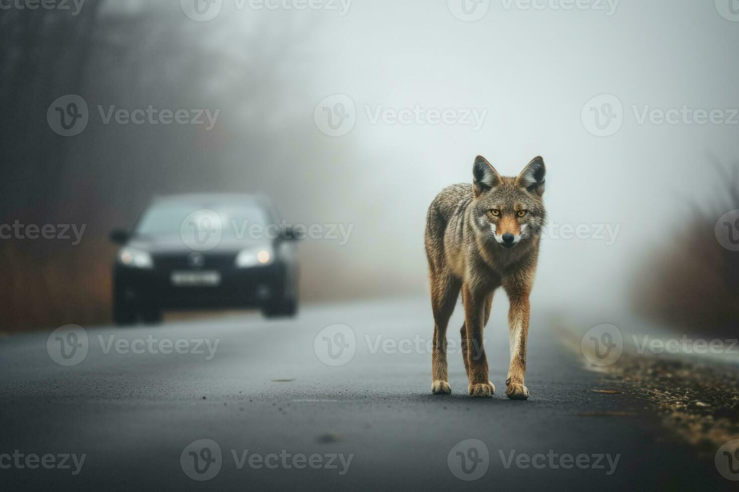 ai gerado veado cruzando carro estrada perto floresta foto