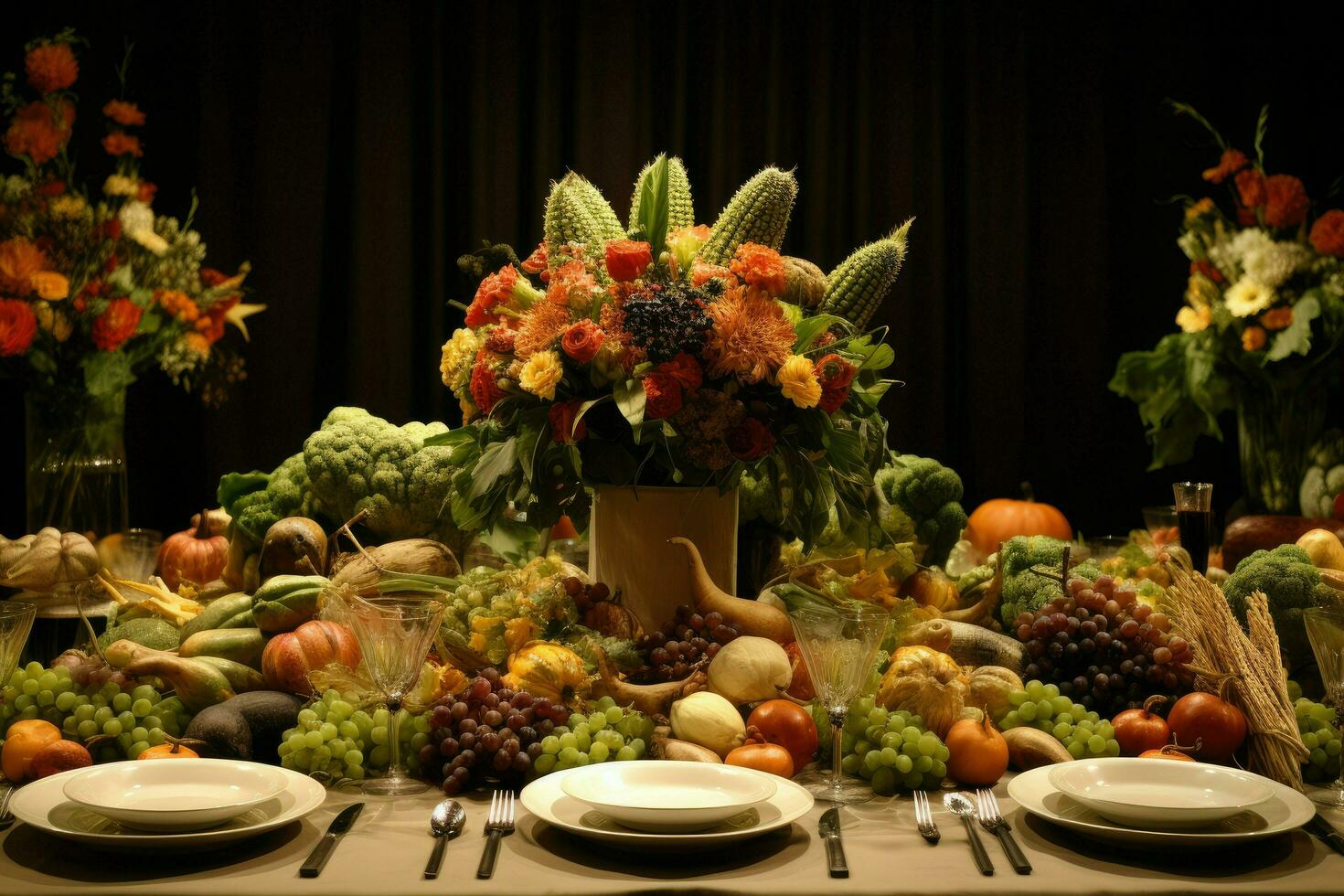 ai gerado jantar mesa decoração com verdades Comida , delicioso feriado Comida em jantar mesa ai gerado foto