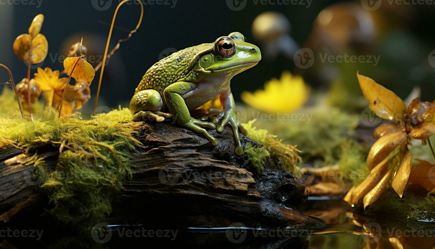 ai gerado uma fofa sapo sentado em uma molhado folha dentro a floresta gerado de ai foto