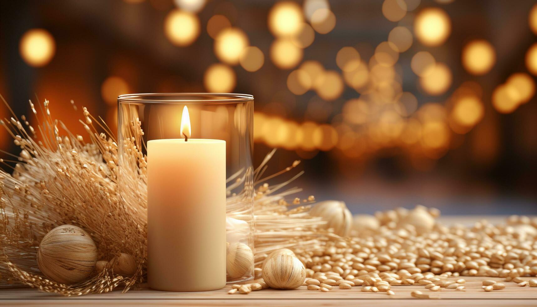 ai gerado brilhando vela ilumina mesa, criando acolhedor Natal decoração gerado de ai foto