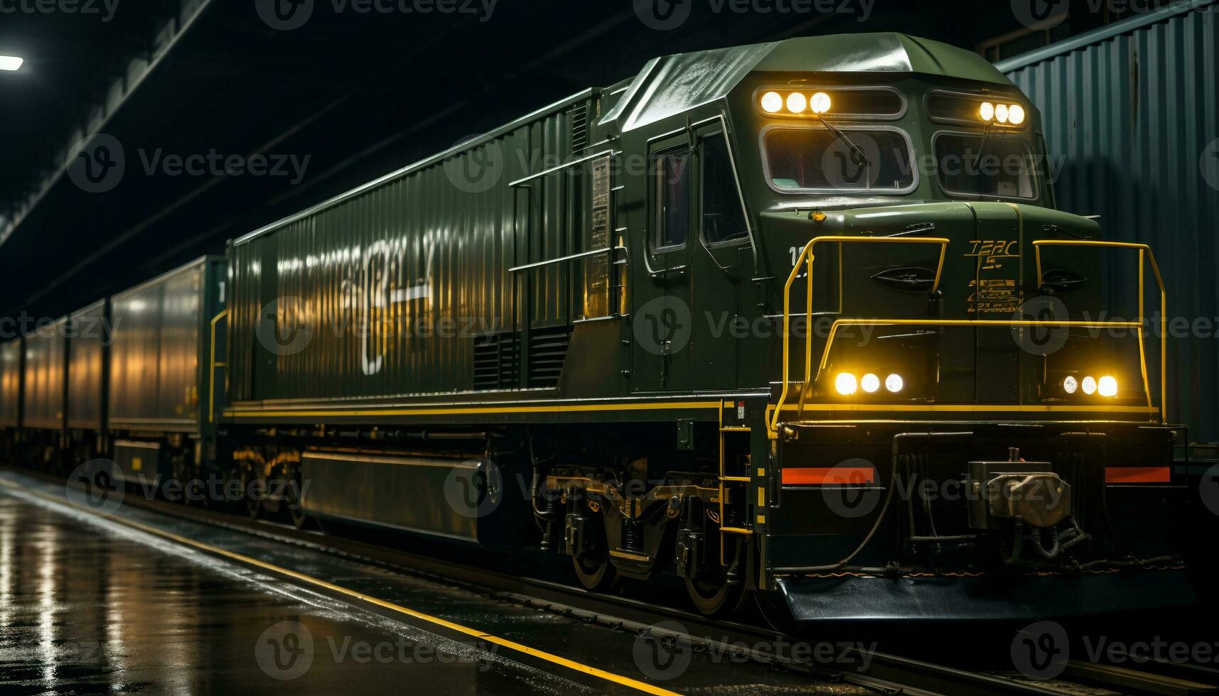 ai gerado vapor trem entregando frete, movimento borrões através iluminado Ferrovia estação gerado de ai foto