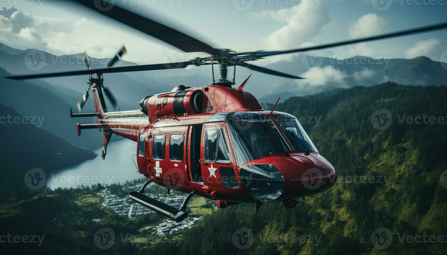 ai gerado helicóptero vôo sobre montanha faixa, transportando passageiros dentro natureza gerado de ai foto