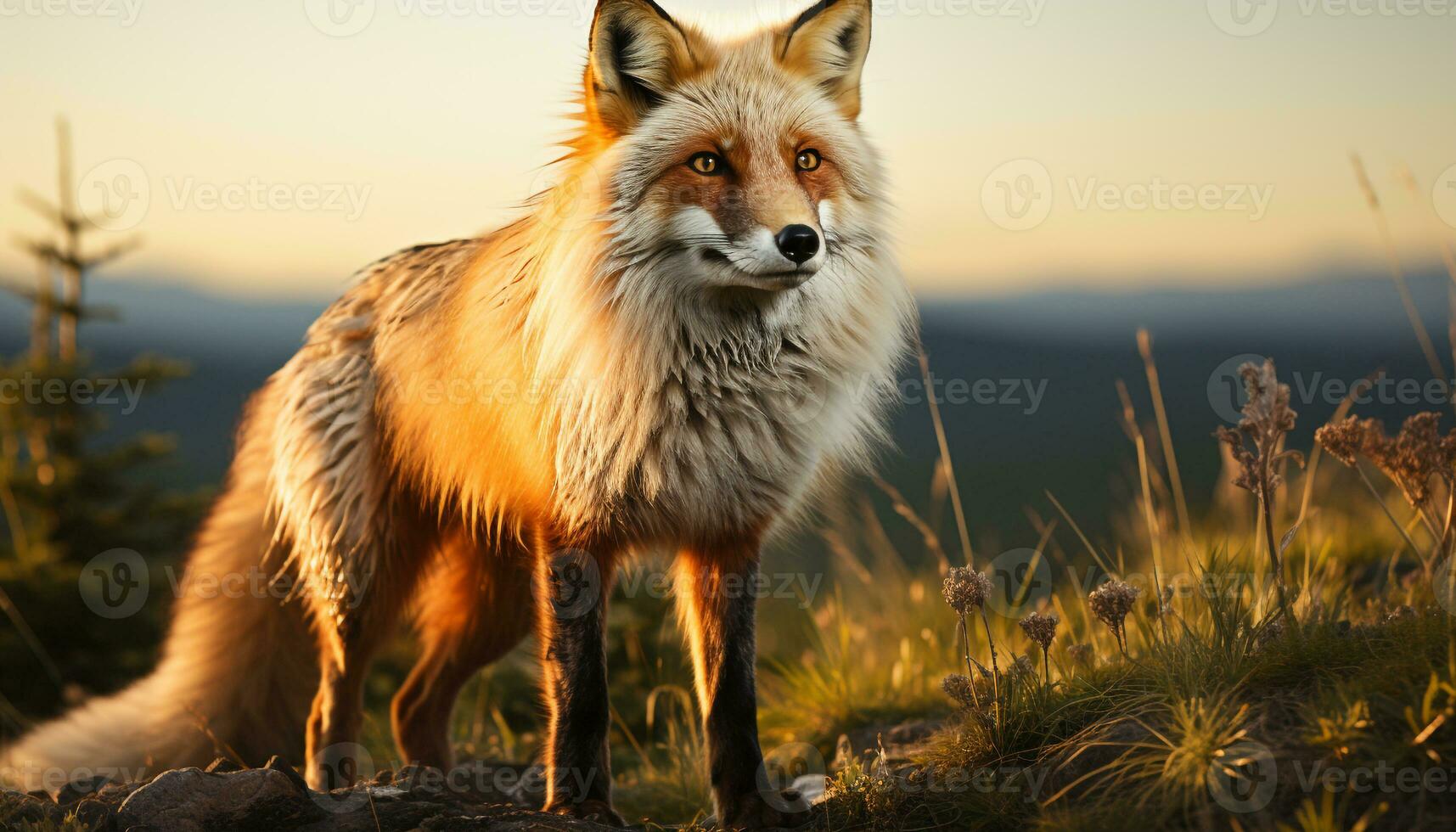 ai gerado fofa vermelho Raposa sentado dentro grama, olhando às pôr do sol gerado de ai foto