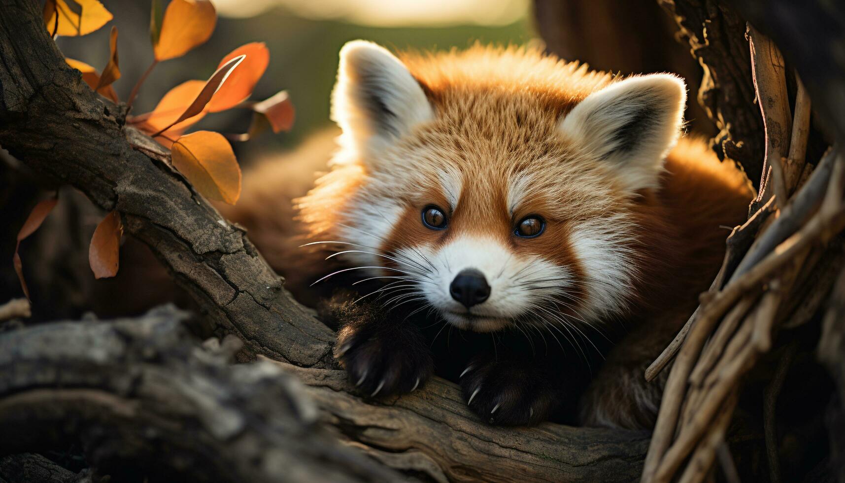 ai gerado fofa vermelho panda sentado em ramo dentro floresta gerado de ai foto