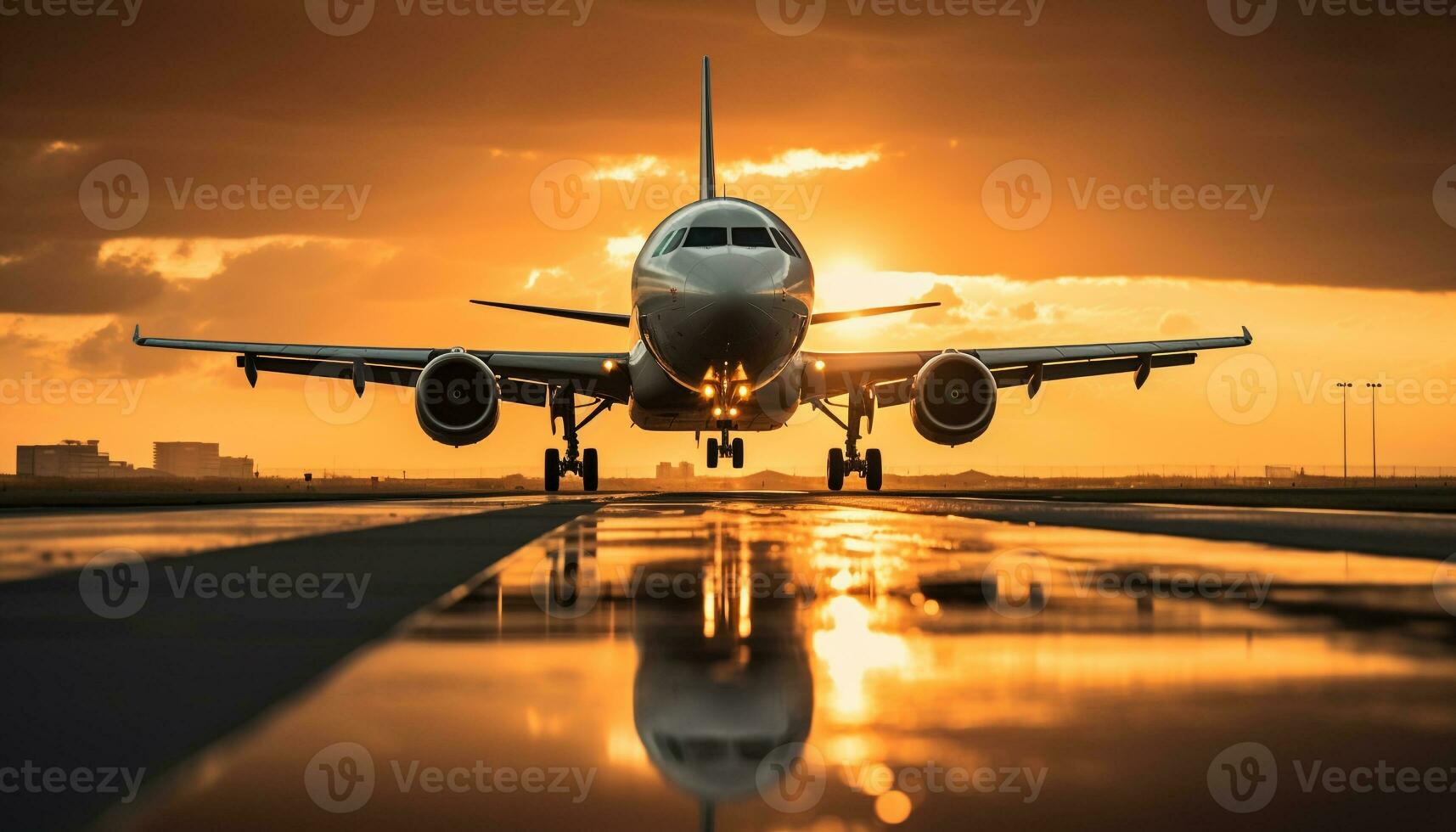 ai gerado avião vôo às crepúsculo, refletindo luz solar em asas gerado de ai foto