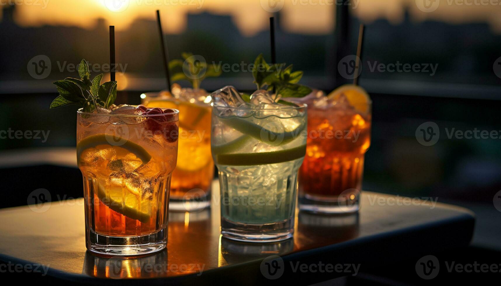 ai gerado refrescante coquetel em mesa, verão noite celebração gerado de ai foto