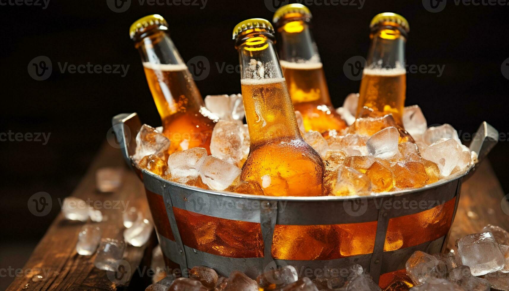 ai gerado refrescante Cerveja garrafa em de madeira mesa, gelo frio gerado de ai foto