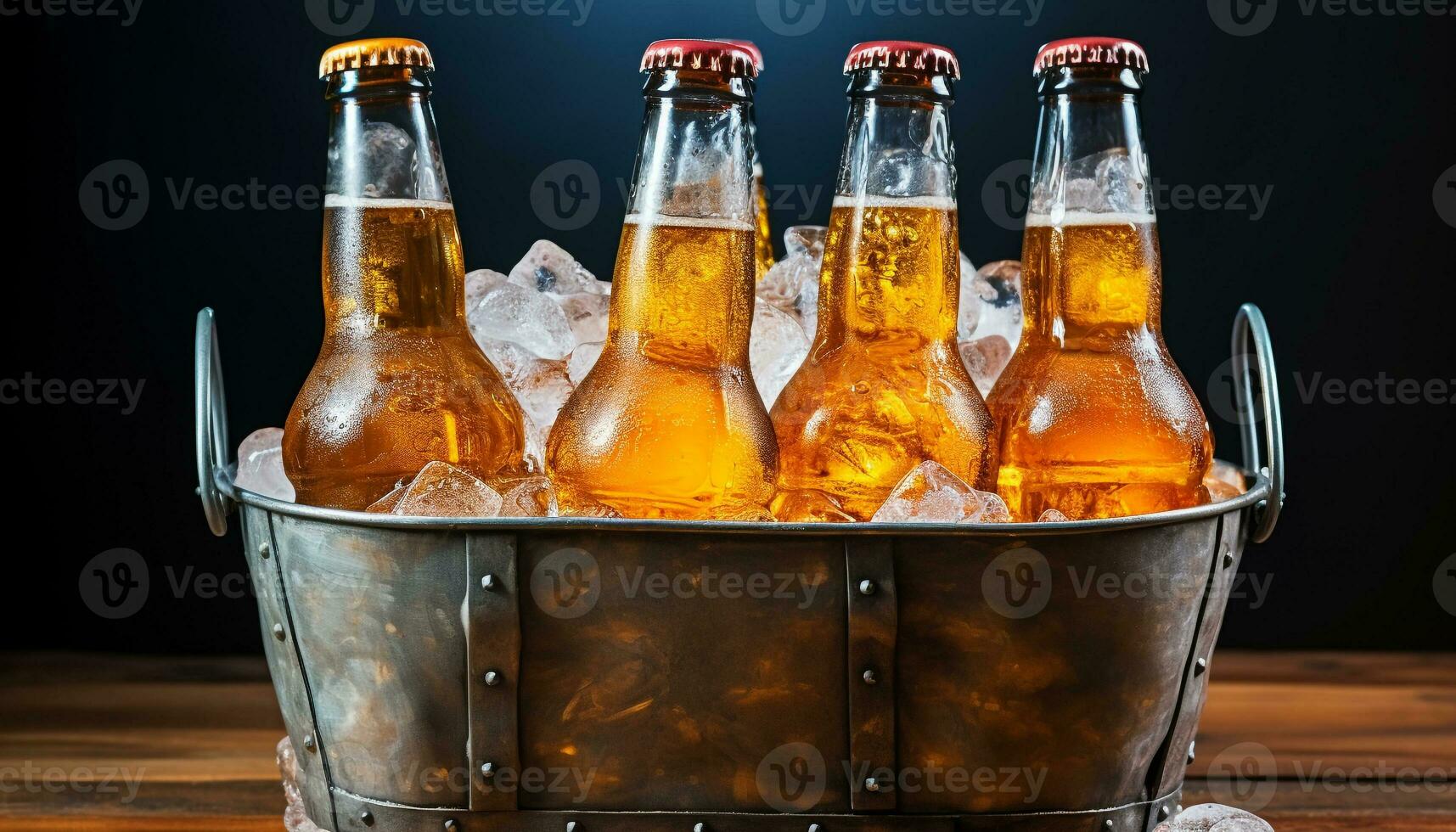 ai gerado refrescante Cerveja garrafa em de madeira mesa às bar gerado de ai foto