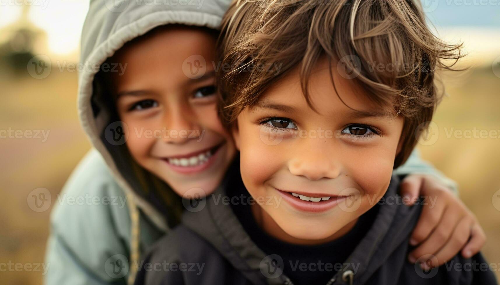 ai gerado sorridente crianças abraçando, desfrutando natureza, criando recordações gerado de ai foto