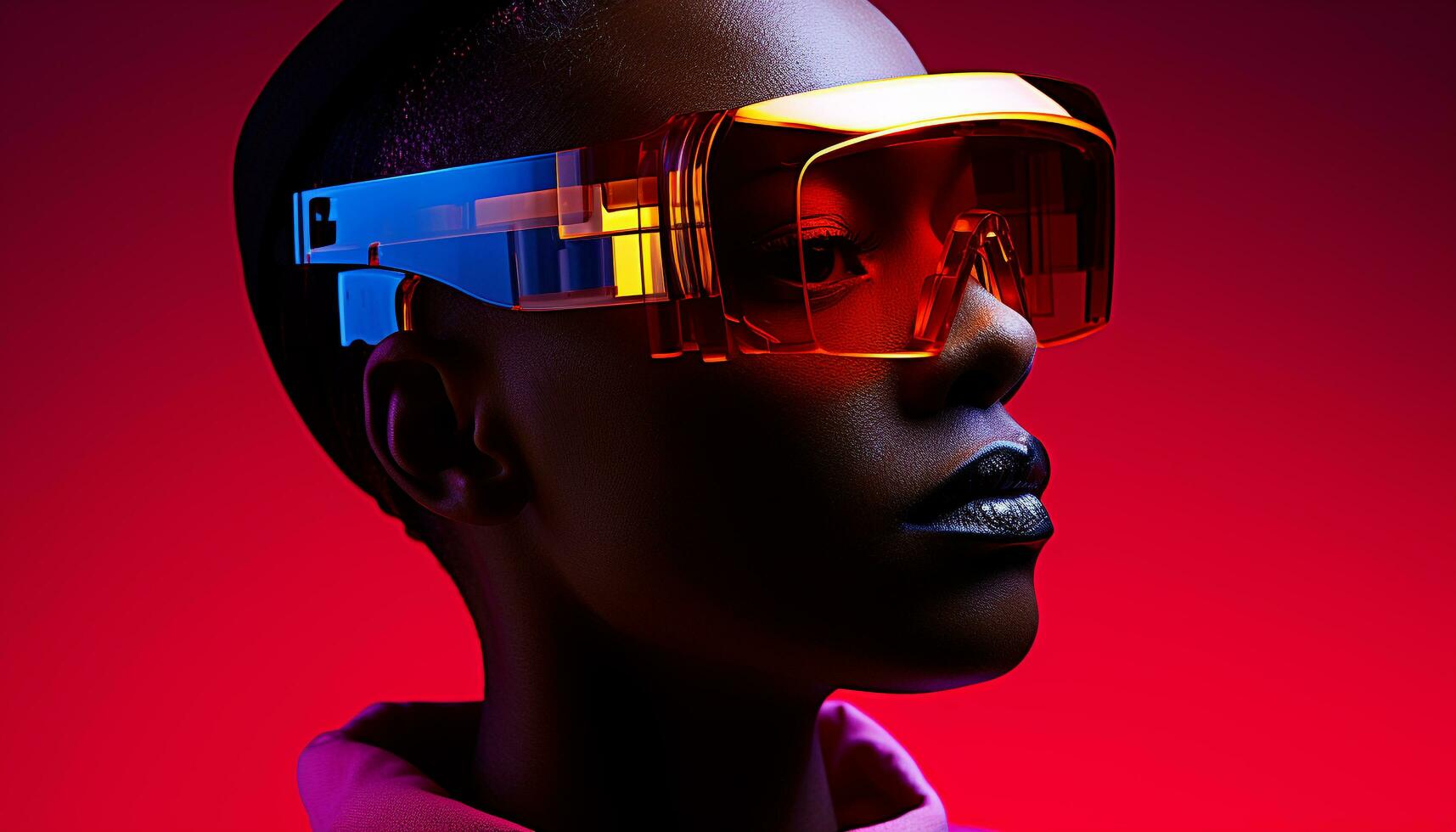 ai gerado jovem adulto mulher vestindo futurista virtual realidade fone de ouvido gerado de ai foto