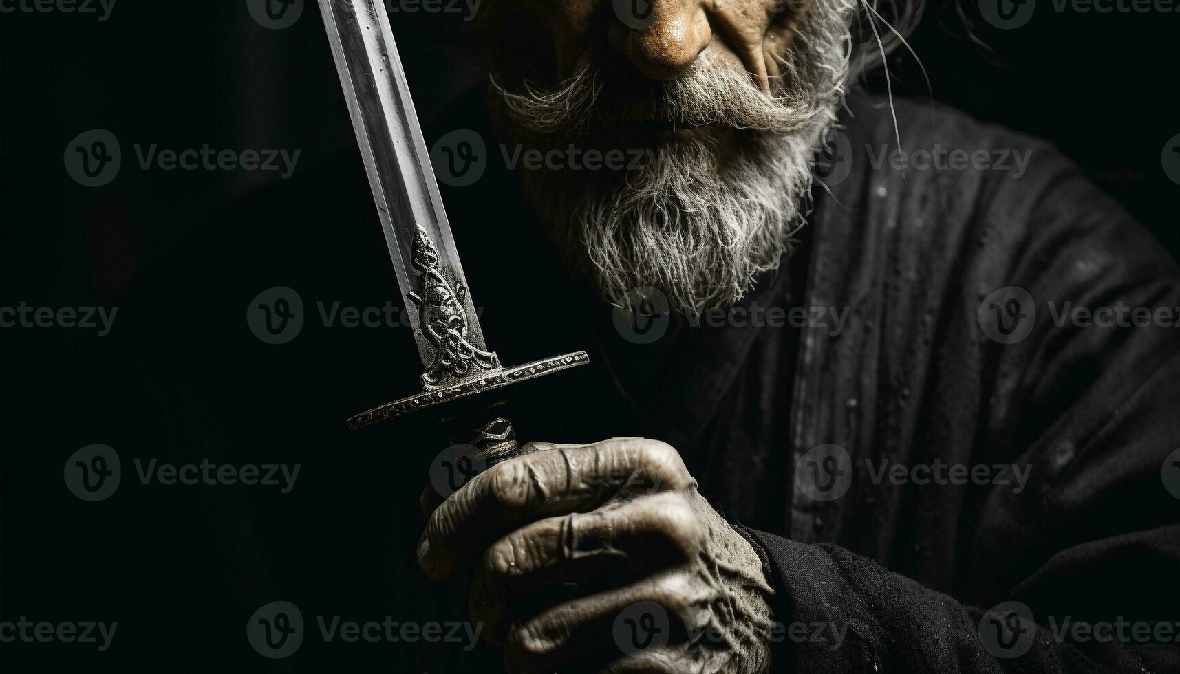 ai gerado velho homem com barba segurando uma afiado espada gerado de ai foto