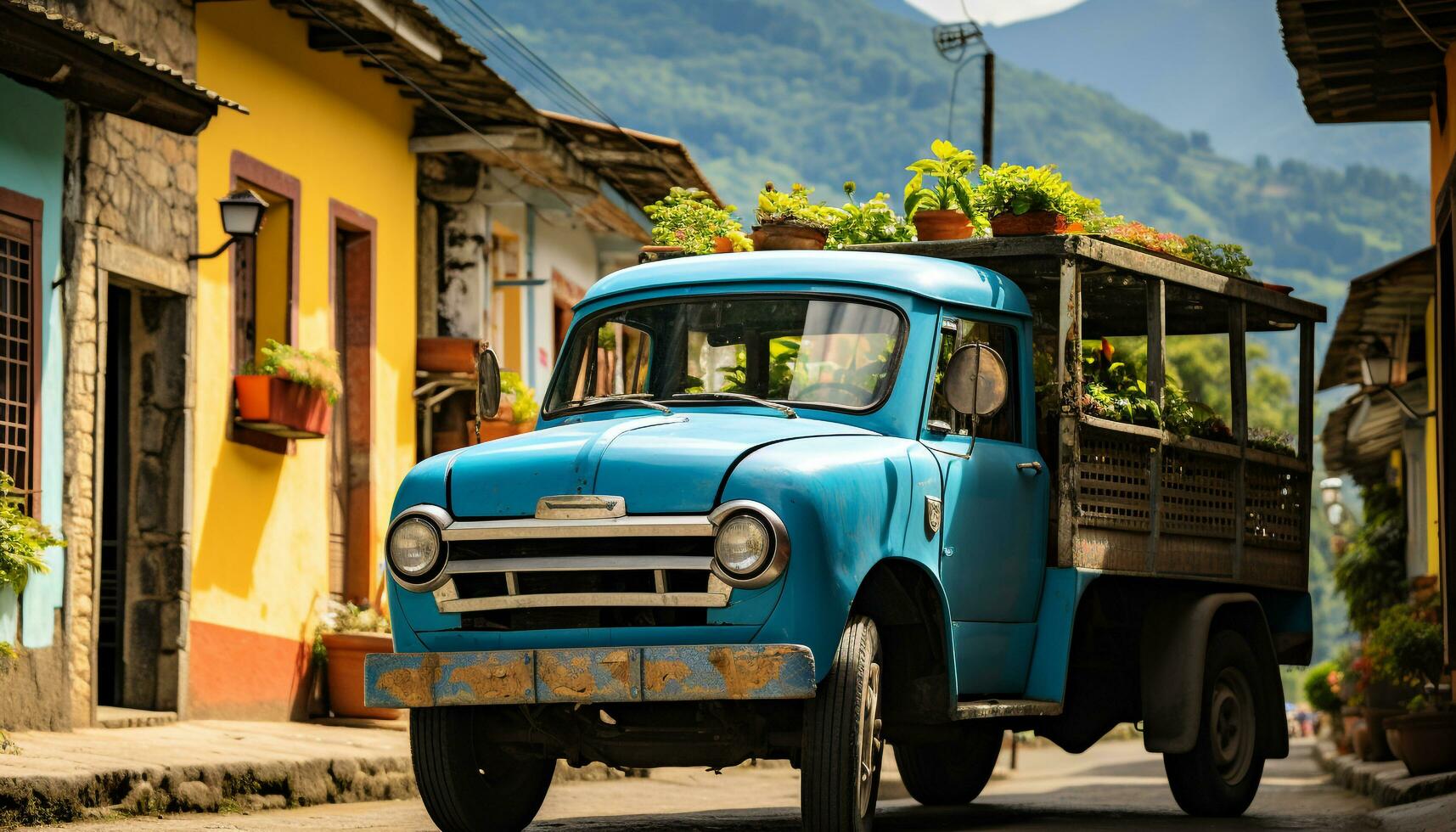 ai gerado vintage carro dirigindo através a colorida ruas do Cuba gerado de ai foto