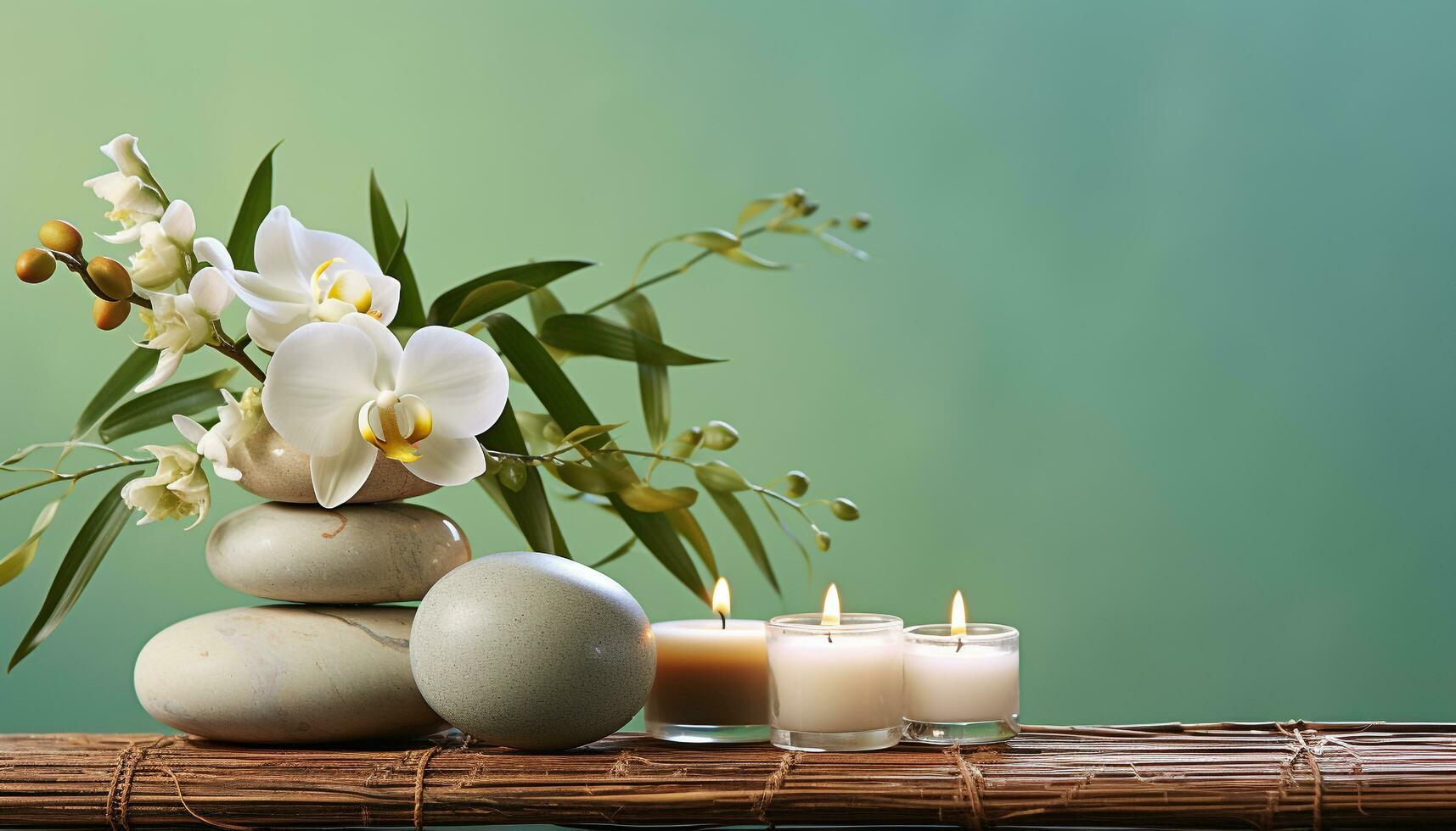 ai gerado relaxamento e harmonia dentro natureza luz de velas spa gerado de ai foto