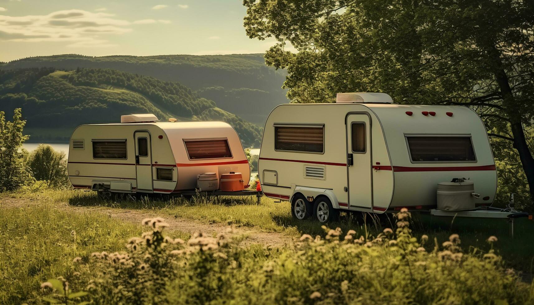 ai gerado acampamento motor casa viagem verão natureza ao ar livre gerado de ai foto