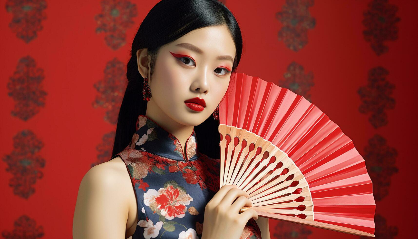 ai gerado lindo mulher dentro tradicional chinês vestir com dobrando ventilador gerado de ai foto