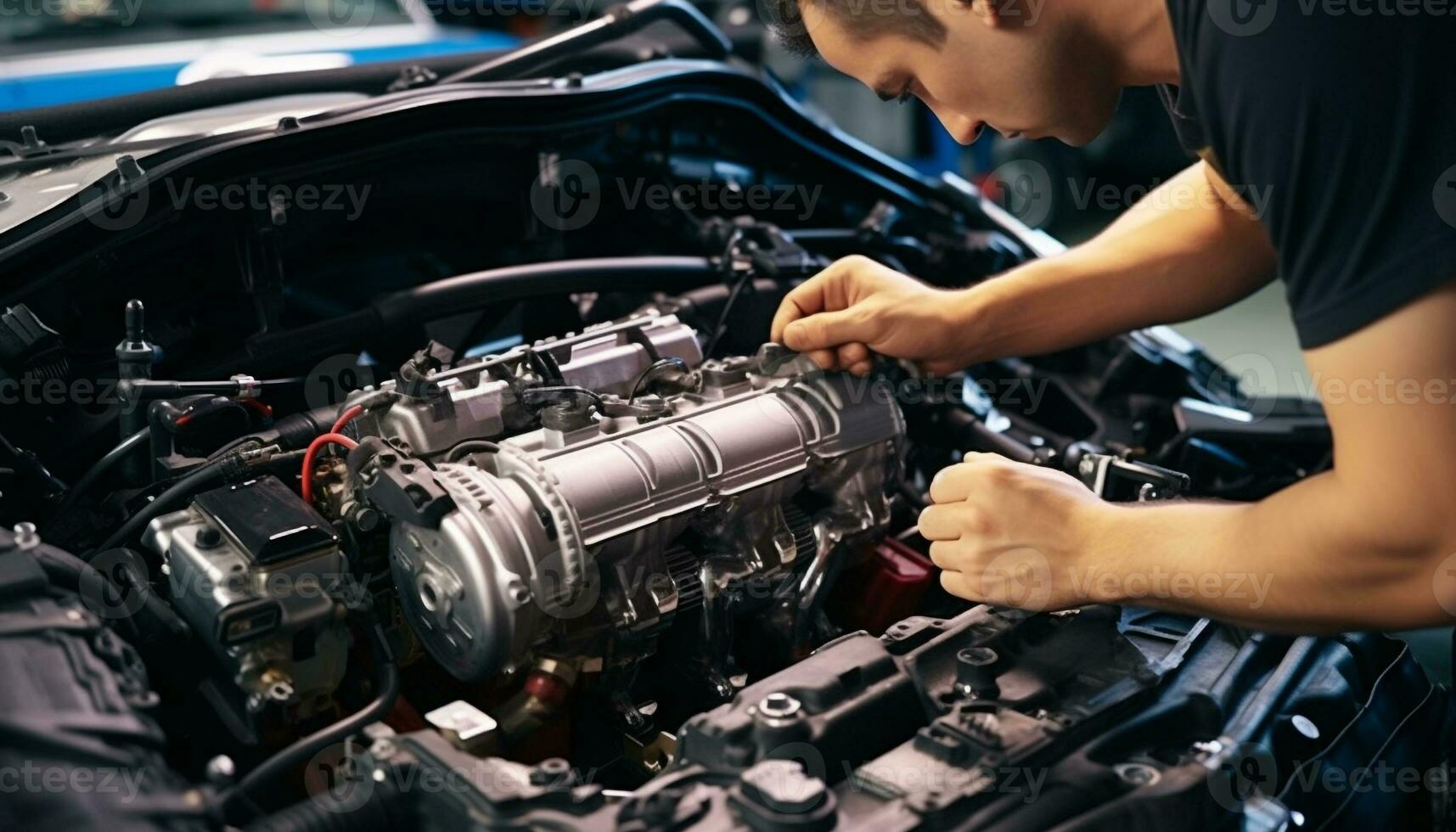 ai gerado carro mecânico reparação motor, examinando vareta para óleo gerado de ai foto