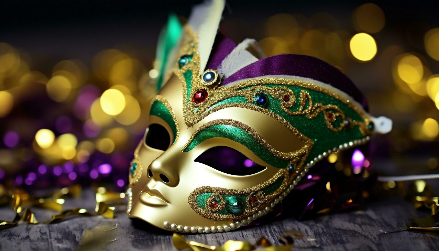 ai gerado brilhante ouro traje máscaras iluminar vibrante mardi gras gerado de ai foto
