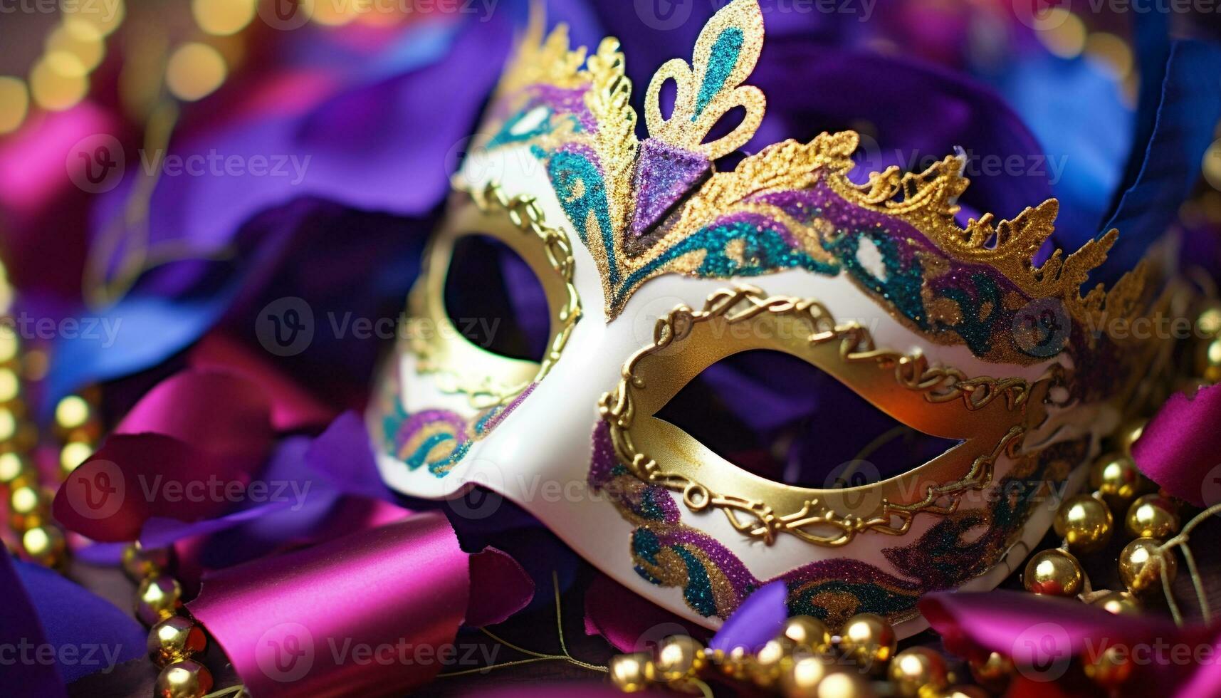 ai gerado mardi gras celebração, máscaras, trajes, e mistério gerado de ai foto