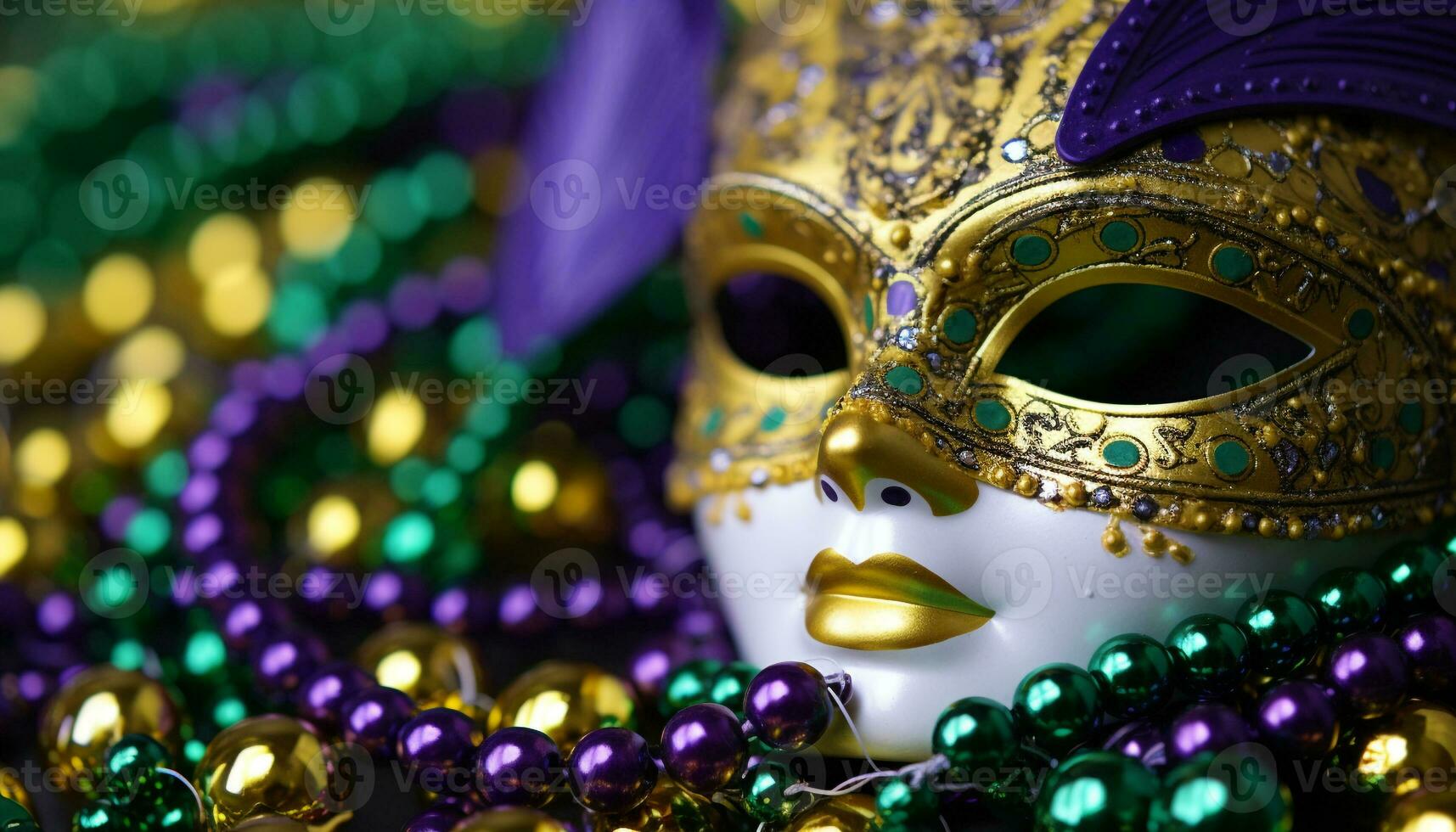 ai gerado mardi gras traje mascarar, brilhante ouro, multi colori celebração gerado de ai foto