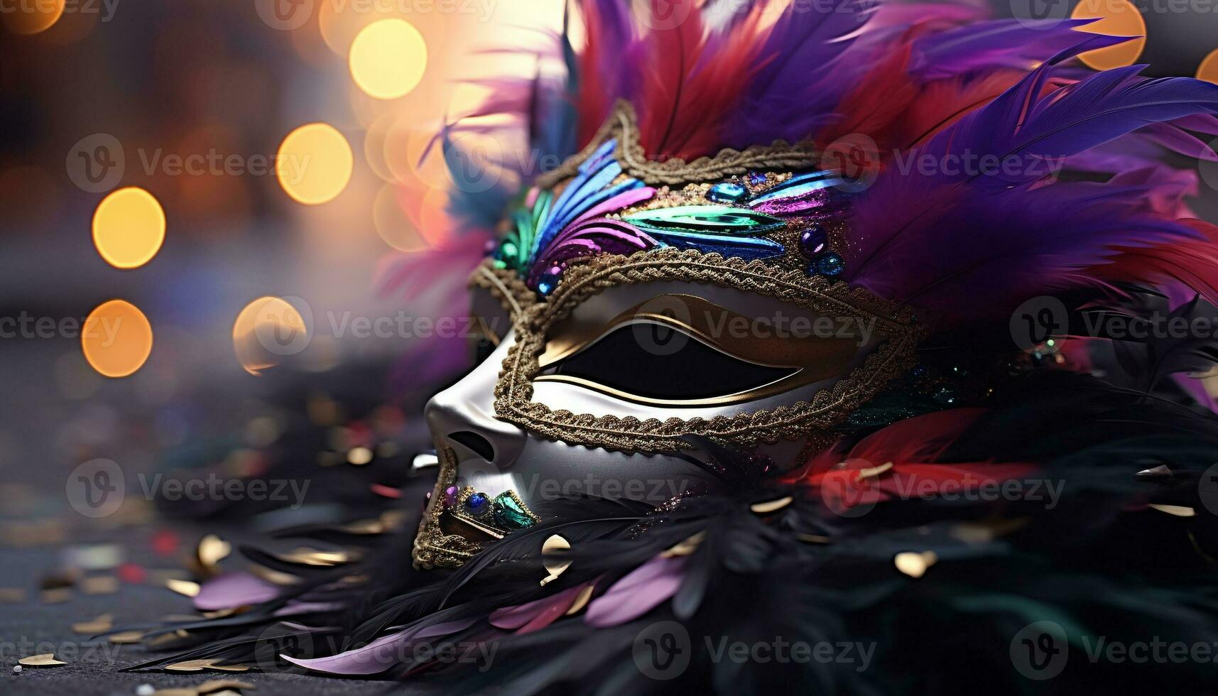 ai gerado mardi gras celebração, mascarar, fantasia, penas, festa, colorida gerado de ai foto