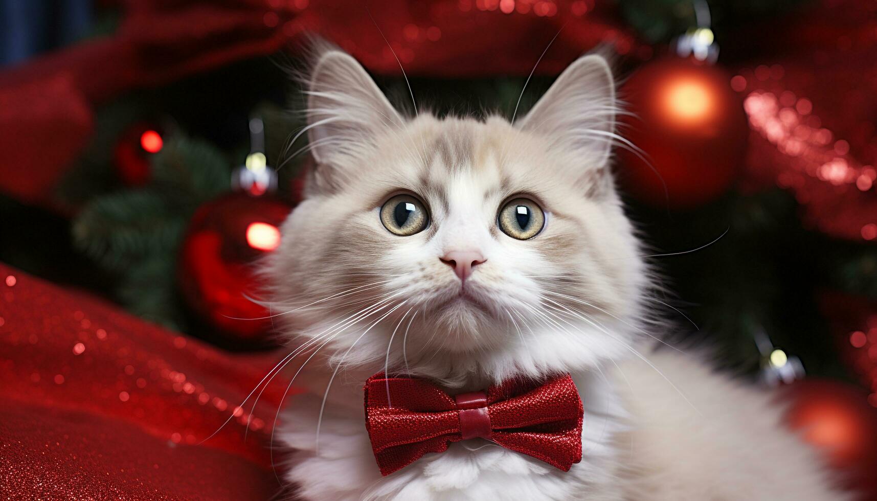 ai gerado fofa gatinho olhando às Câmera com Natal luzes gerado de ai foto