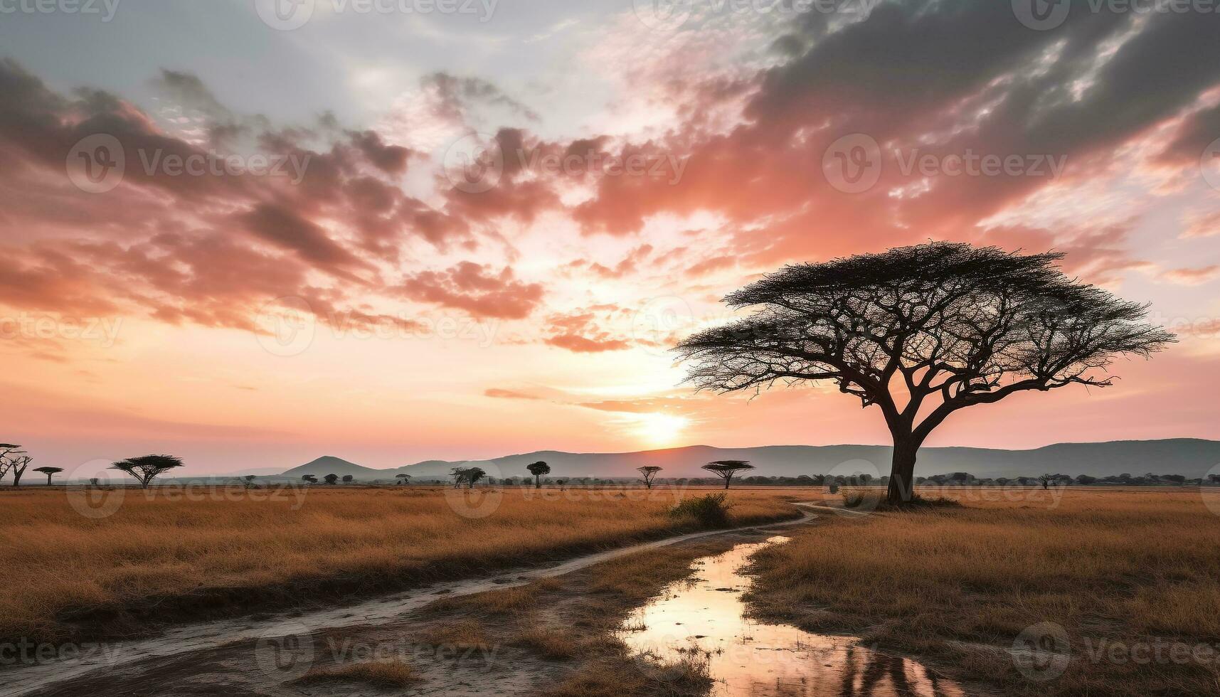 ai gerado pôr do sol sobre a africano savana, uma tranquilo panorama gerado de ai foto