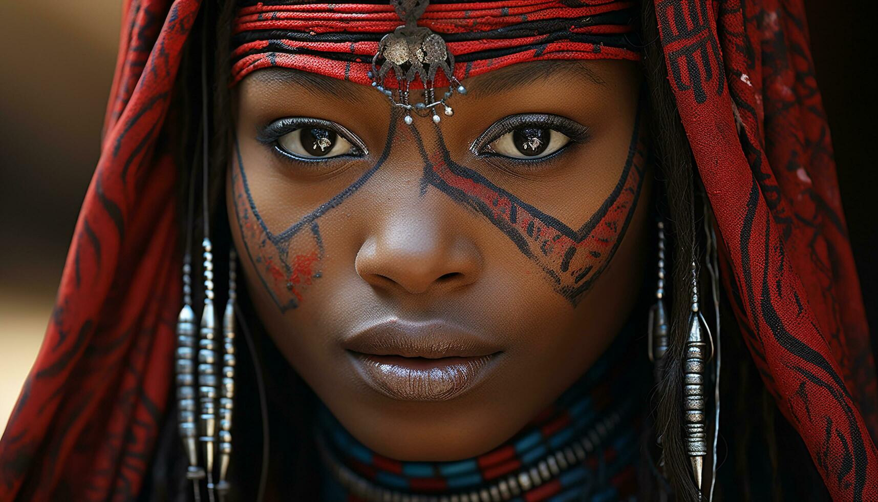 ai gerado lindo jovem mulher com indígena cultura olhando às Câmera gerado de ai foto