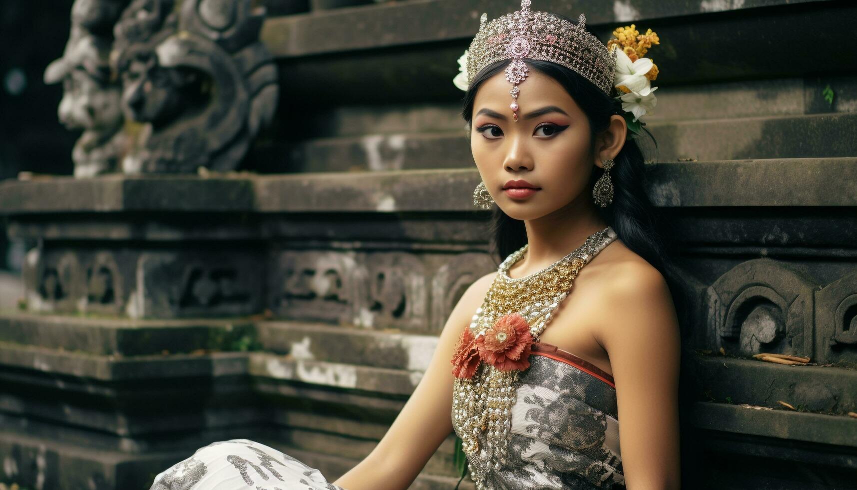 ai gerado lindo jovem mulher dentro tradicional balinesa vestir gerado de ai foto