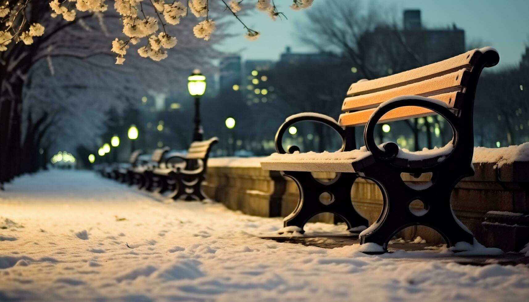 ai gerado inverno noite, neve coberto Banco debaixo lanterna aceso árvore gerado de ai foto