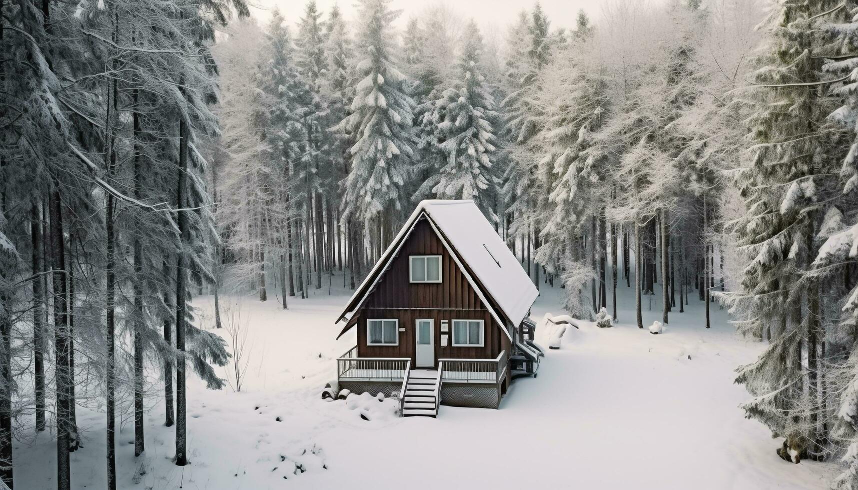 ai gerado inverno paisagem, neve coberto floresta, congeladas cabana, tranquilo cena gerado de ai foto
