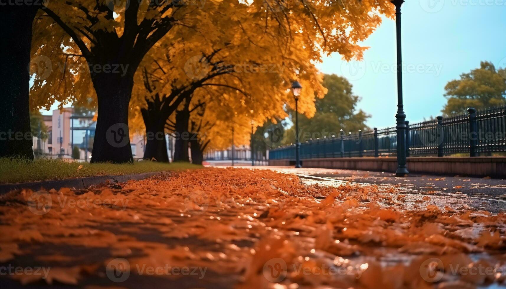 ai gerado outono árvore iluminado de rua luz às crepúsculo gerado de ai foto