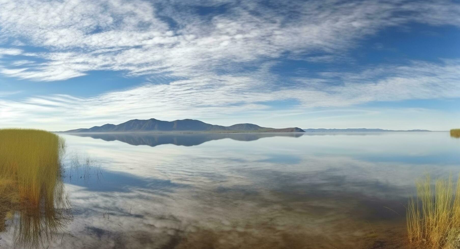 ai gerado tranquilo cena do azul água reflete montanha panorama gerado de ai foto