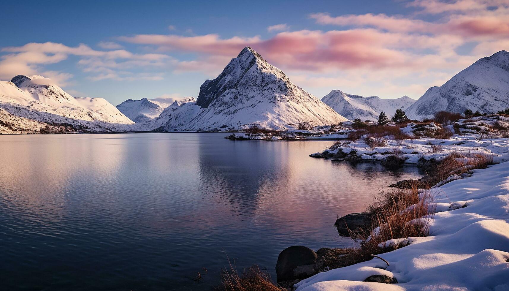ai gerado majestoso montanha pico reflete tranquilo inverno panorama gerado de ai foto