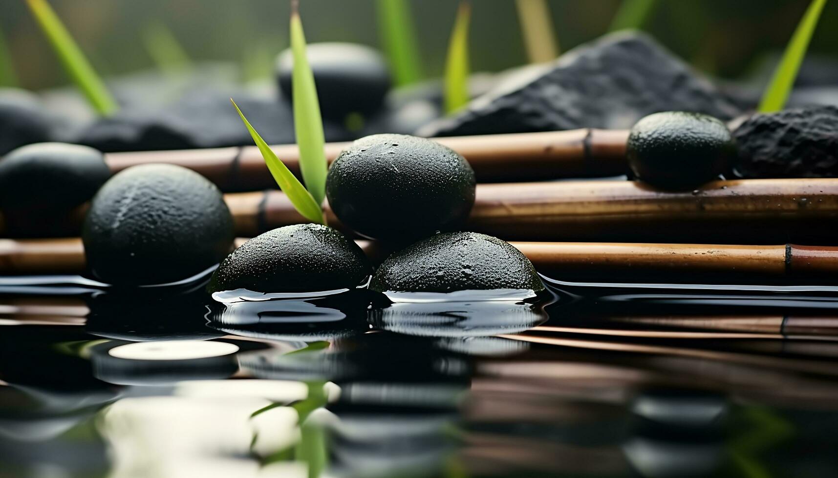 ai gerado tranquilo cena do água refletindo verde bambu gerado de ai foto