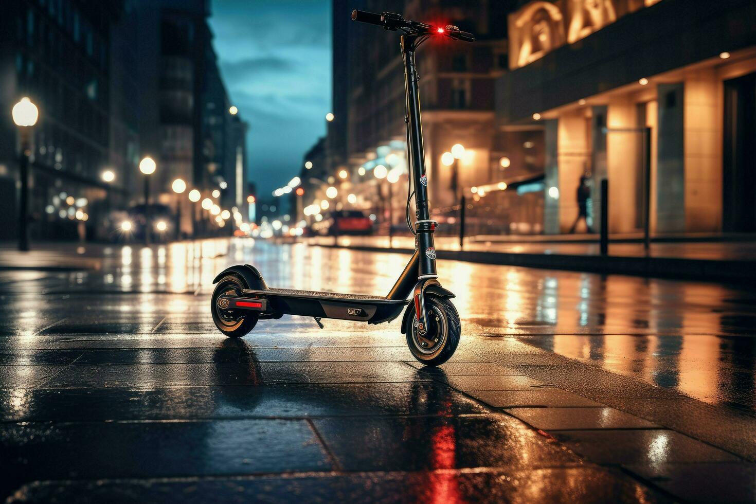 ai gerado elétrico lambreta em uma cidade noite rua, elétrico lambreta dentro a cidade paisagem, em pé em a estrada, elétrico lambreta dentro a cidade, ai gerado foto