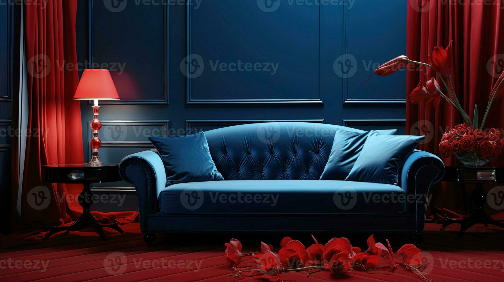 ai gerado luxo azul sofá, luminária e flores entre vermelho cortinas em uma azul lustroso parede fundo foto