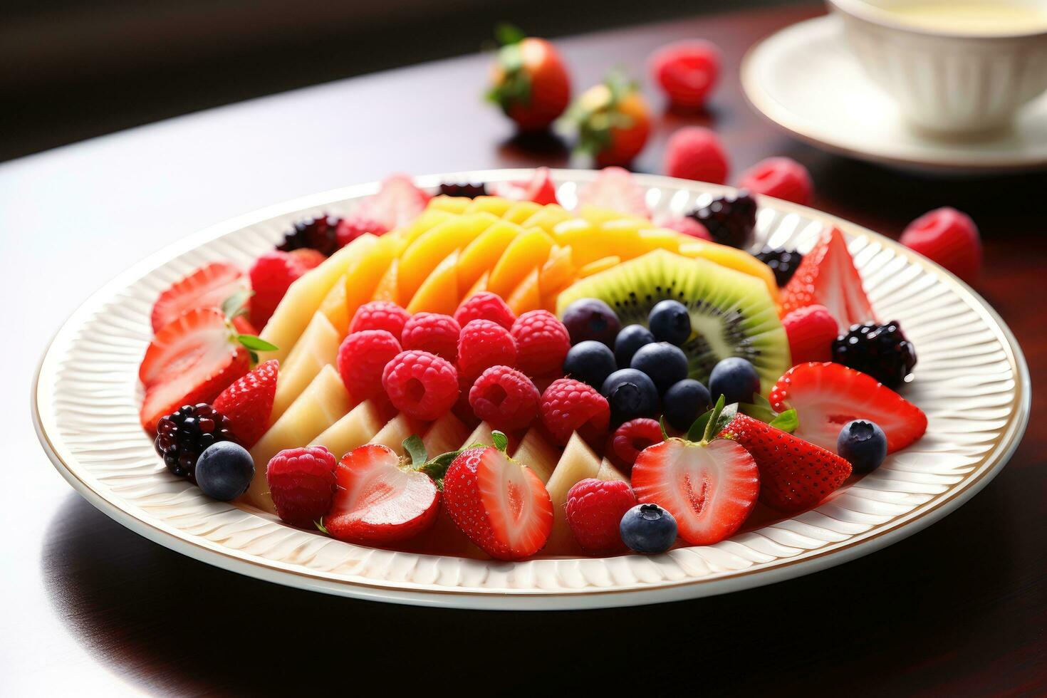ai gerado frutas em placa, frutas decoração pronto para comer, fresco fruta variedade em bandeja saudável comendo dieta Comida ai gerado foto