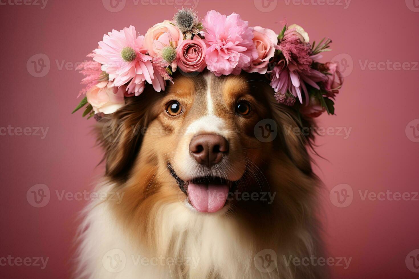 ai gerado fofa feliz cachorro com Rosa flores guirlanda em cabeça em uma Rosa fundo foto