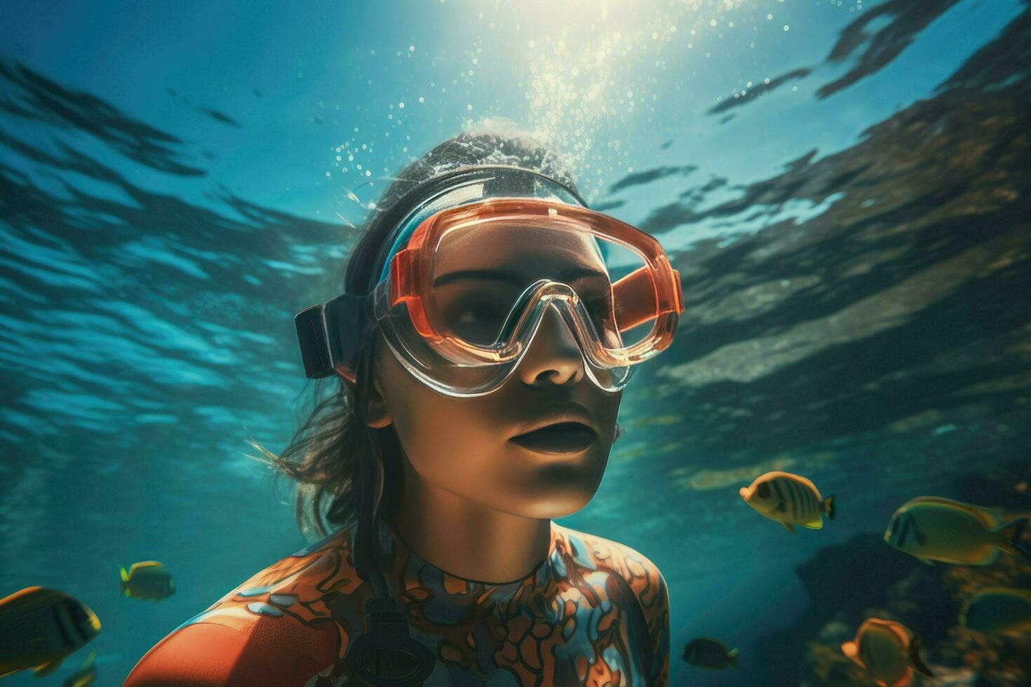 ai gerado jovem mulher vestindo snorkeling engrenagem embaixo da agua, embaixo da agua fundo do uma mulher snorkeling e fazendo mergulho livre, ai gerado foto