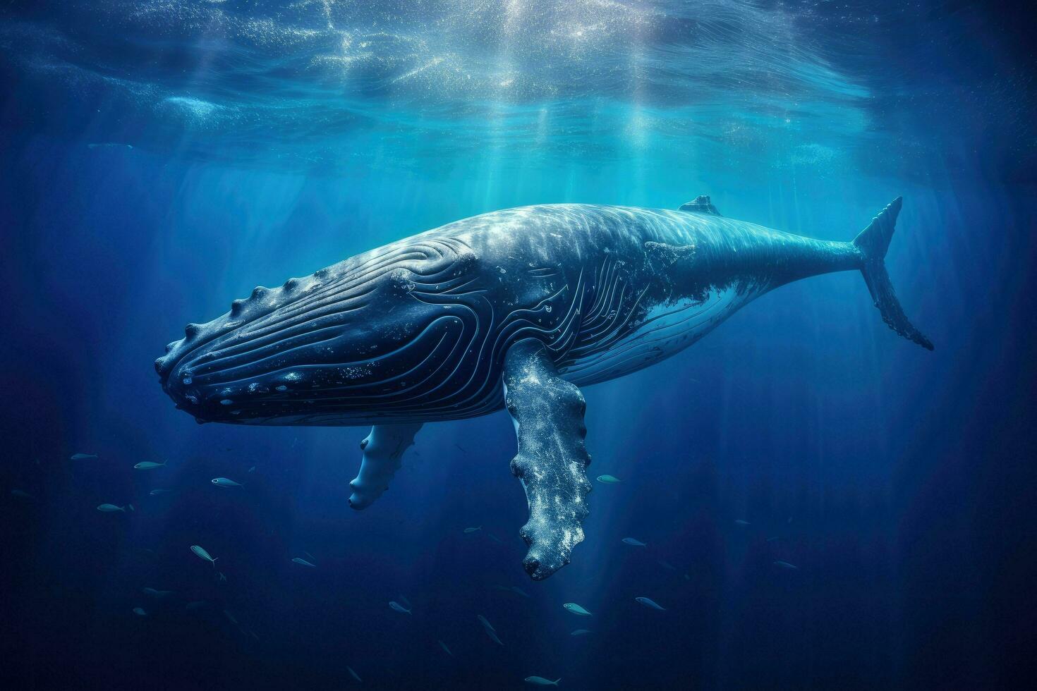 ai gerado baleia natação dentro a azul oceano, embaixo da agua cena. 3d renderizar, esperma baleia natação embaixo da agua, ai gerado foto